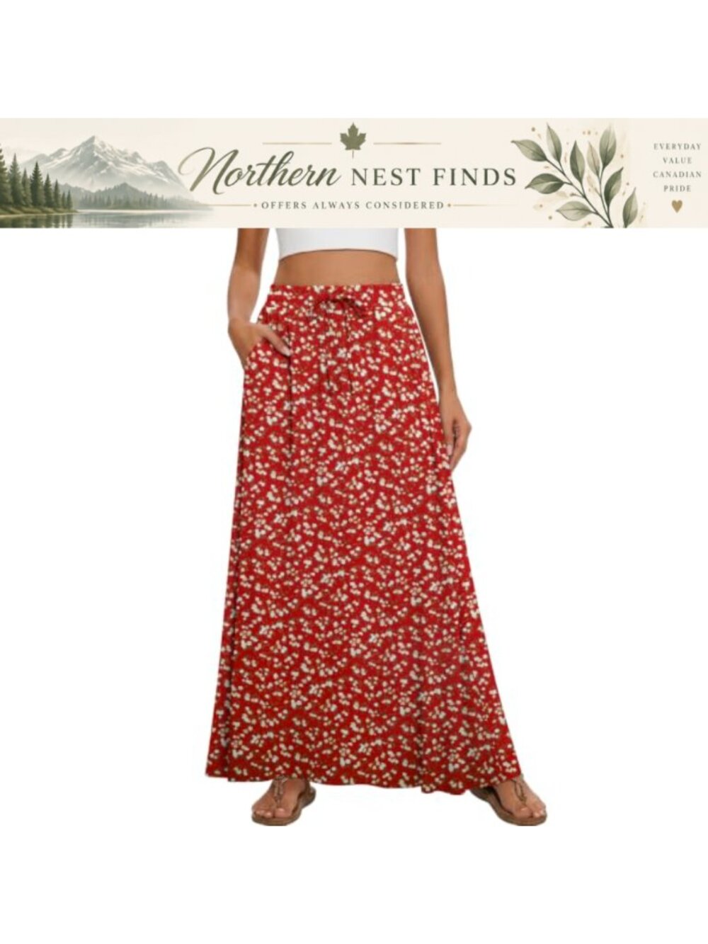 Women Flowy Pleated High Waisted A-Line Maxi Skirt with Pockets